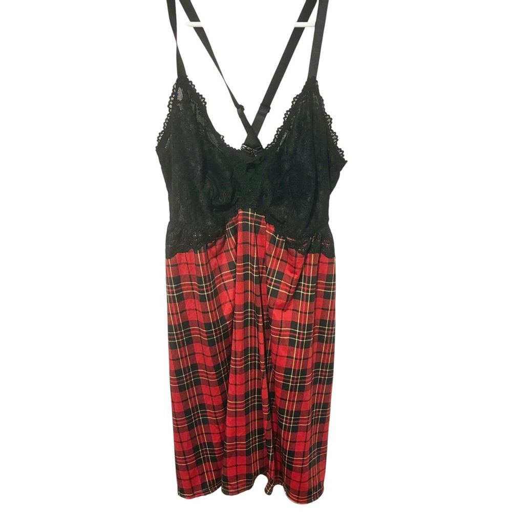 Torrid Plus Size 1X Red Plaid Black Lace Chemise‎ Bed Pajama